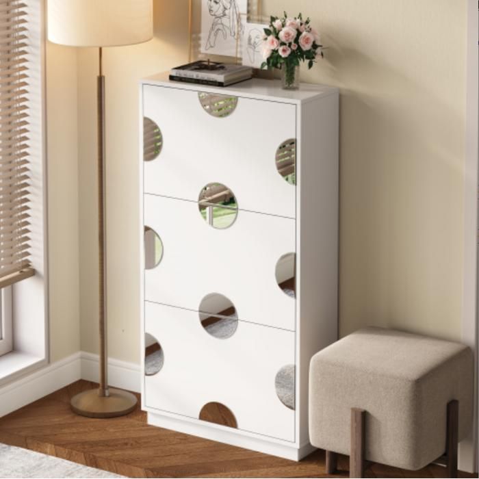 Meuble à chaussures 3 abattants avec miroirs ronds rangement vertical pour entrée 63 x 24 x 120 cm MDF blanc
