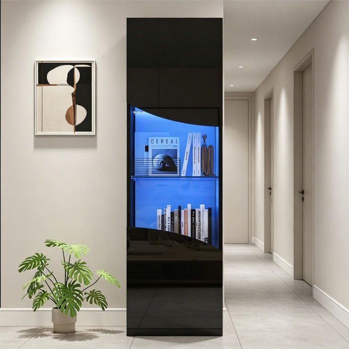 Vitrine LED Noire Haute Brillante 35x50x165 cm Meuble Vitrine Design Italien avec Portes en Verre Armoire de Rangement Moderne
