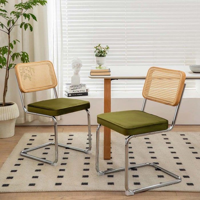 Chaise de salle à manger - Style médiéval - Velours vert - Dossier rotin tressé - Pieds acier chromé - Lot de 2