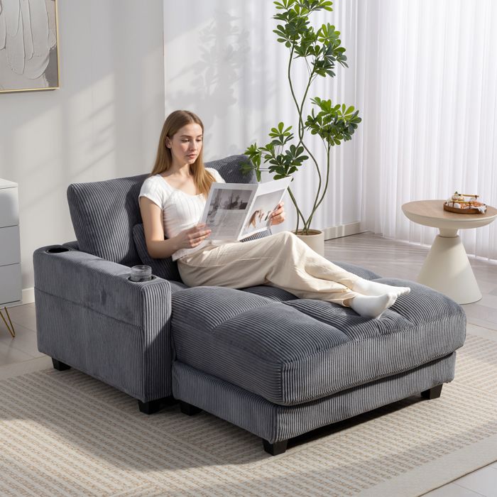 Canapé convertible - Modèle velours côtelé - Gris - Matelas 25 cm mousse HR - Porte-gobelets réversible