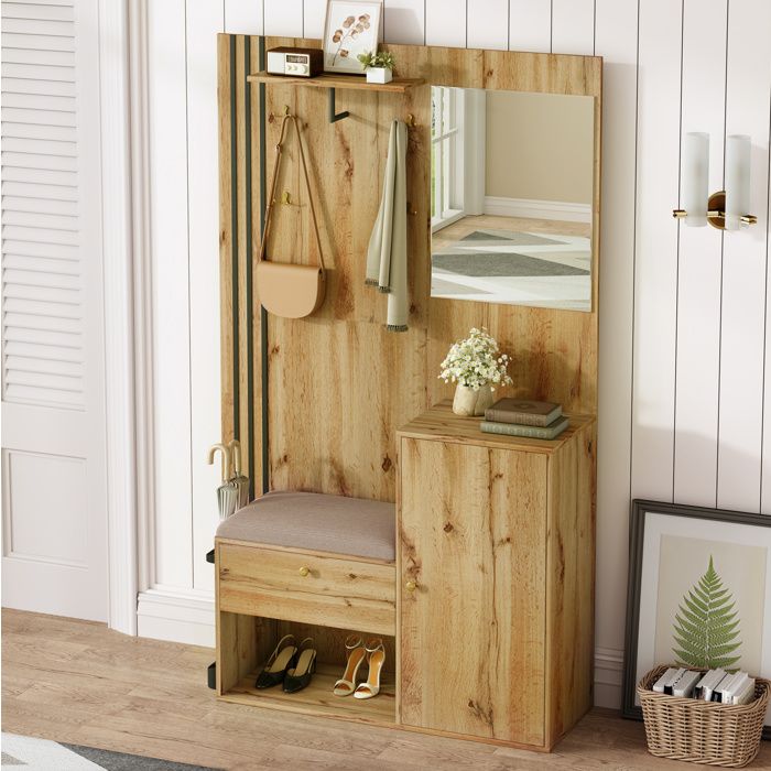 JOINERY meuble d entrée vestiaire rangement 115 x 37 x 185 cm MDF décor bois et noir avec miroir assise rembourrée