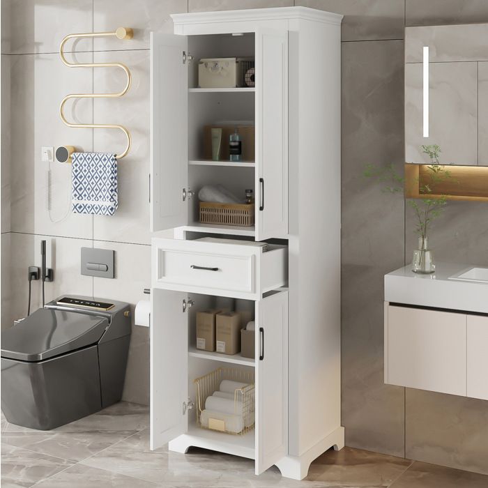 Armoire de Salle de Bain 4 Portes et 1 Tiroir Étagères Réglables - MODENVIE - Laquée Blanc MDF 60×40×180 cm