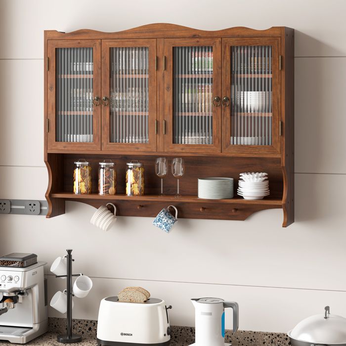 Armoire Murale 4 Portes Bois Marron Meuble Haut Retro FloraGrace Pour Salle De Bain Cuisine Avec Etagere Et Crochets 100x20x80cm