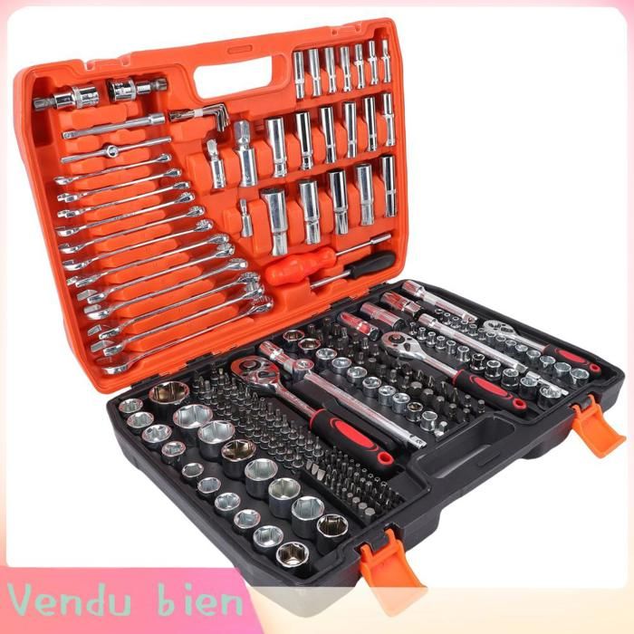 Coffret Clé à Cliquet 216 Pcs Douilles 1/2 1/4 3/8 Mécanique Auto Boîte Bicolore Poignée Rouge