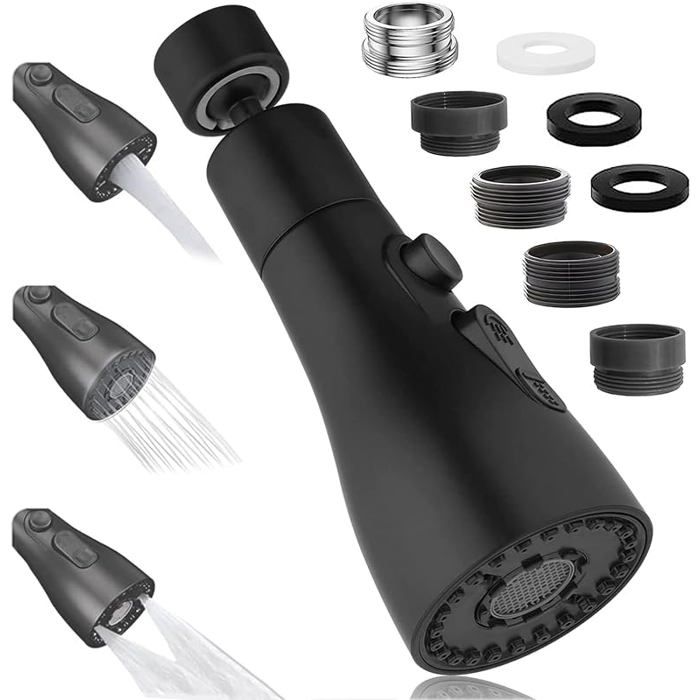 Aérateur de robinet pivotant 360° noir pour cuisine 3 modes de jet mousseur économiseur d’eau