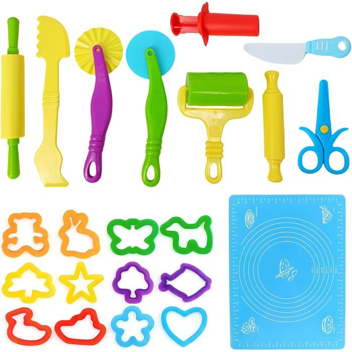 22 Pièces Accessoires Pate a Modeler Enfants avec Tapis en Silicone Kit Doutils de Pâte à Modeler Multicolores pour les Familles
