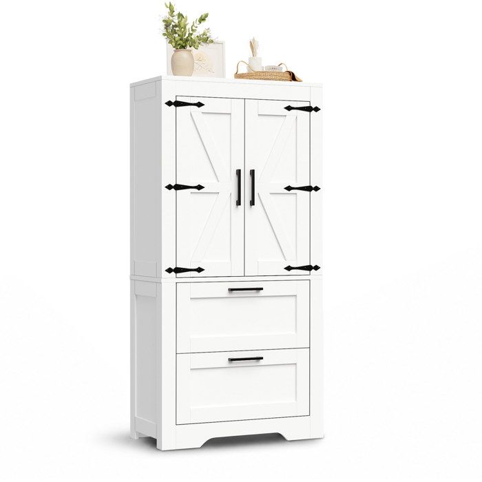 ELVORIN Buffet haut style campagne 60 x 30 x 128 cm 2 tiroirs étagères réglables portes style grange blanc
