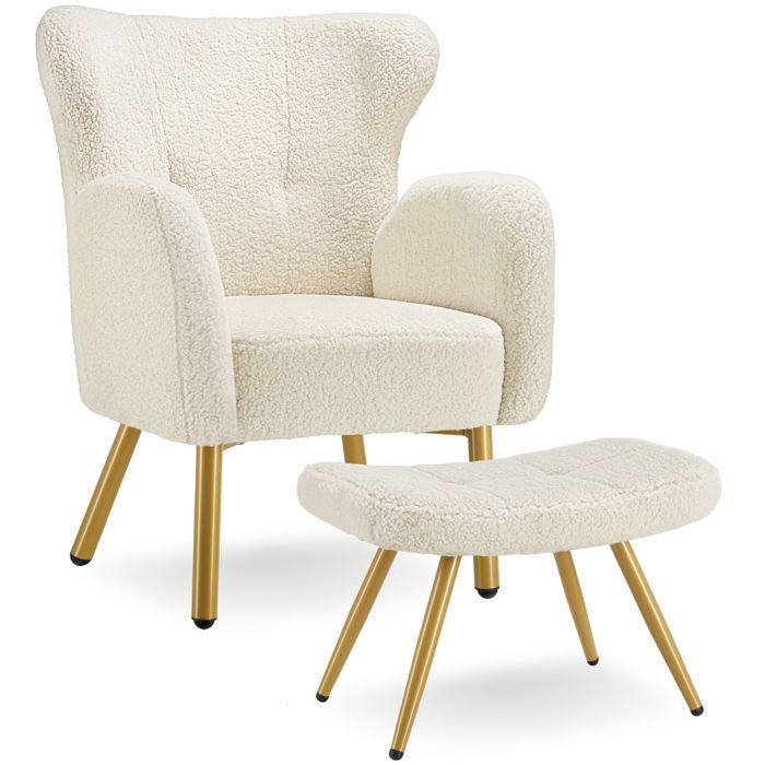 Fauteuil - TECTAKE - Fauteuil avec repose-pieds VÄNERSBORG Bouclé Rembourrage épais Dossier haut - Bouclé crème/or