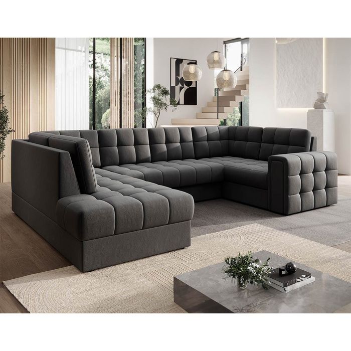 Nappa - Canapé panoramique dangle droit 7 places convertible avec coffre en velours - Gris