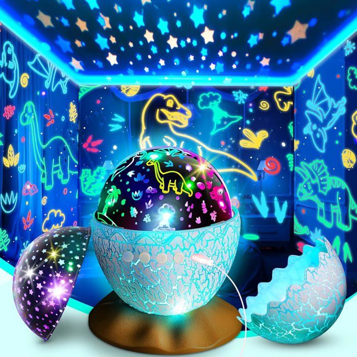 Veilleuse dinosaure projecteur - Projection 3-en-1 - Design coquille dœuf - Alimentation USB - LED