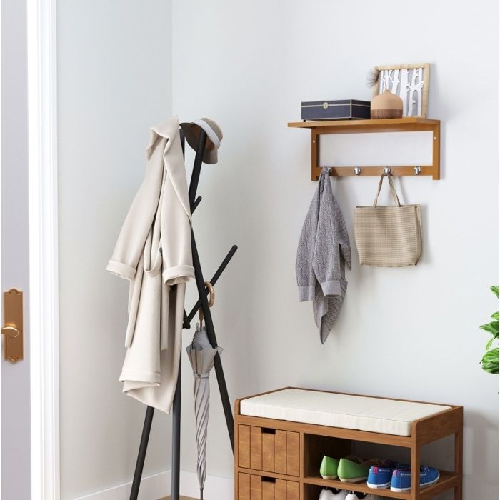 Étagère murale porte-manteau – Bambou – 4 crochets métalliques – 50 x 16 x 17 5 cm – naturel