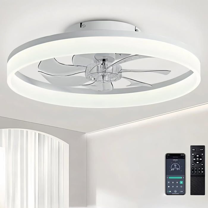 Ventilateur de plafond LED 50 cm silencieux avec lumière dimmable - 6 vitesses réversible télécommande pour salon et chambre