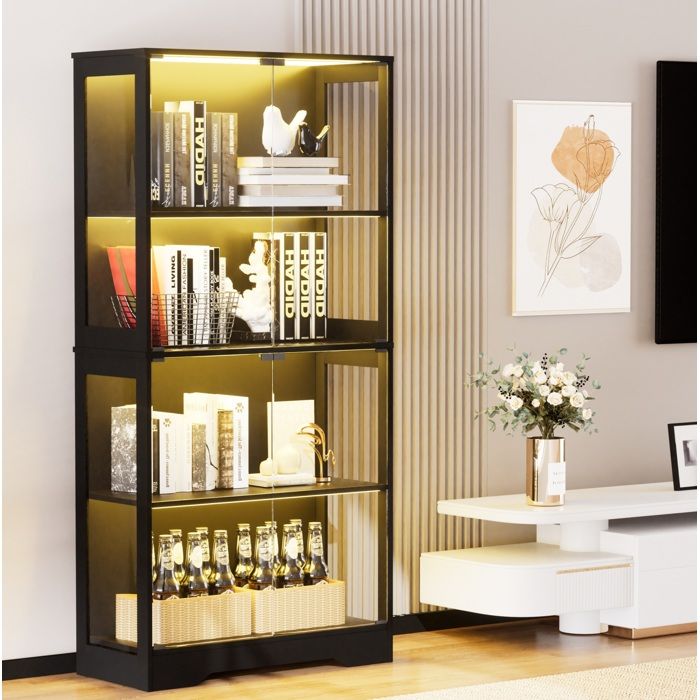 Vitrine noire 80 x 35 x 165 cm LED 3 couleurs capteur de mouvement 4 étagères portes vitrées