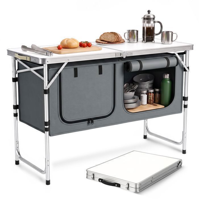Sekey Table de Camping Pliable 120 cm Réglable 54–70 cm Cuisine de Camping avec Rangement et Plateau MDF Gris