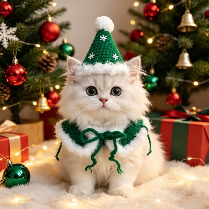 1pc Ensemble Costume Noël Chat Cape Verte en Peluche avec Bonnet Flocon de Neige 2 Pièces pour Chat Jusqu à 7 5kg