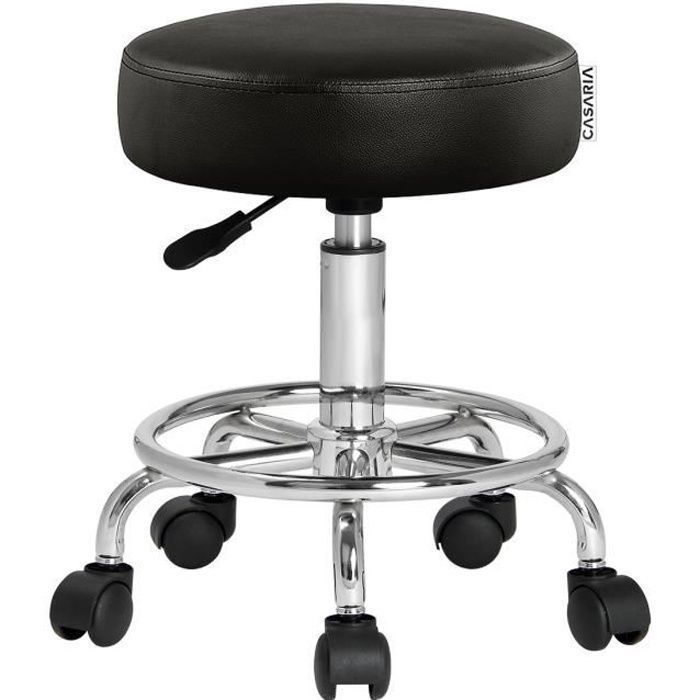 Tabouret à roulettes Siège rembourré pivotant 360° Hauteur réglable Noir bureau