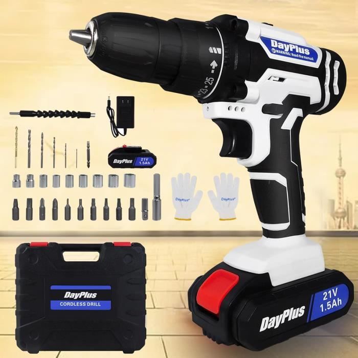 Perceuse Visseuse Sans Fil Brushless 21V - Percussion Avec 2 Batteries, 60Nm, 25+3 Réglages de Couple, 2 Vitesses et 30 Accessoires