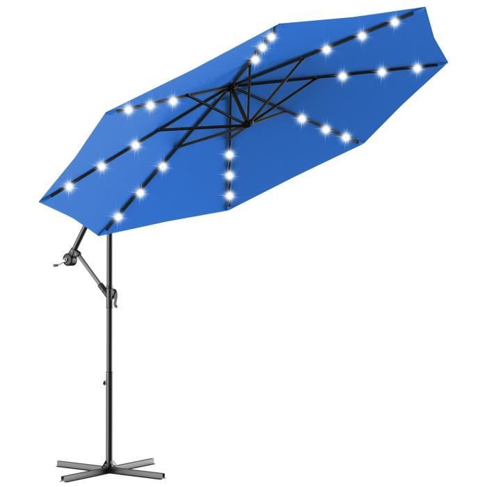 GOPLUS Parasol de Jardin Déporté D.300CM-Parasol Patio Inclinable 24 LED Solaire-Poteau Métallique avec Manivelle-Bleu(avec Base)