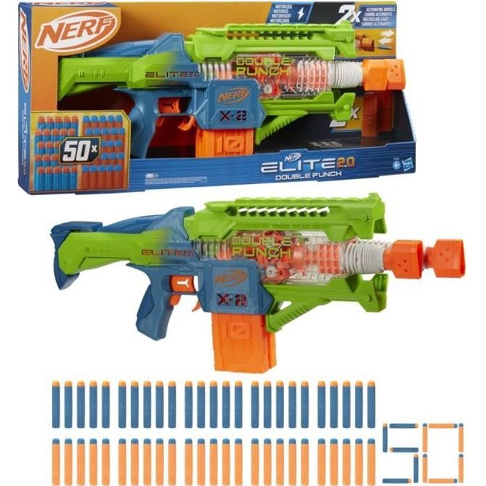 Nerf Elite 2.0, Blaster motorisé Double Punch, canons alternatifs Rapides, 50 fléchettes Nerf Elite,