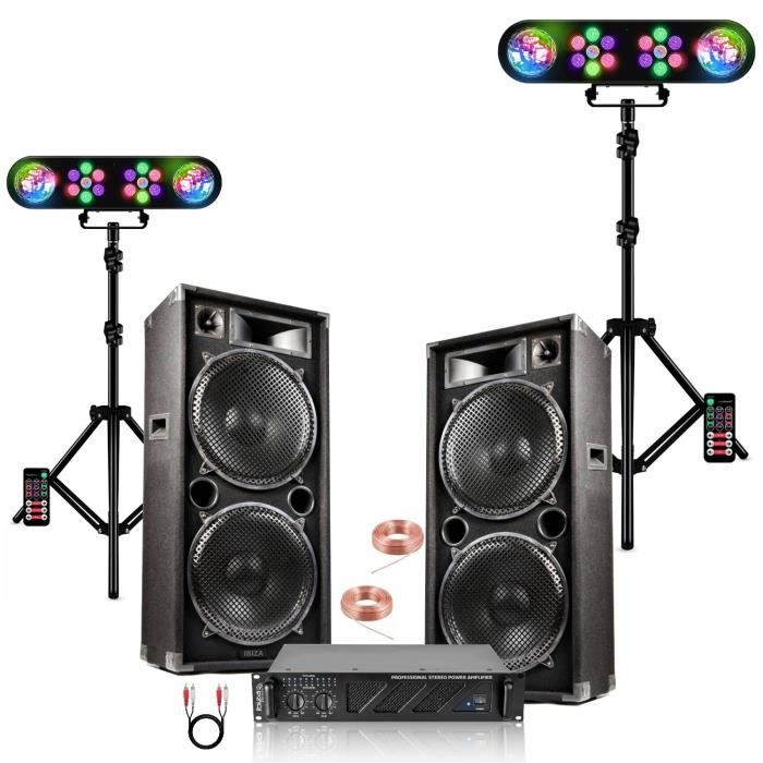Pack Sono 2 Enceintes 2x1000W Ibiza STAR210 - Ampli 2x800W - 2 Portiques DJ Jeux Lumières Mooving LEDBAR-ASTRO-RC Soirée Fête
