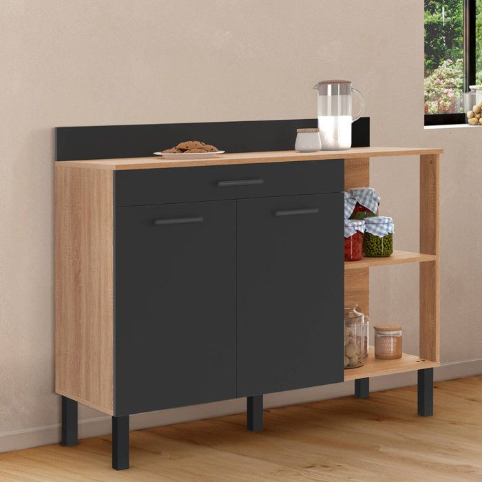 IDMARKET Buffet bas de cuisine 120 CM CINA plan de travail H.83 cm 2 portes + tiroir façon hêtre et noir