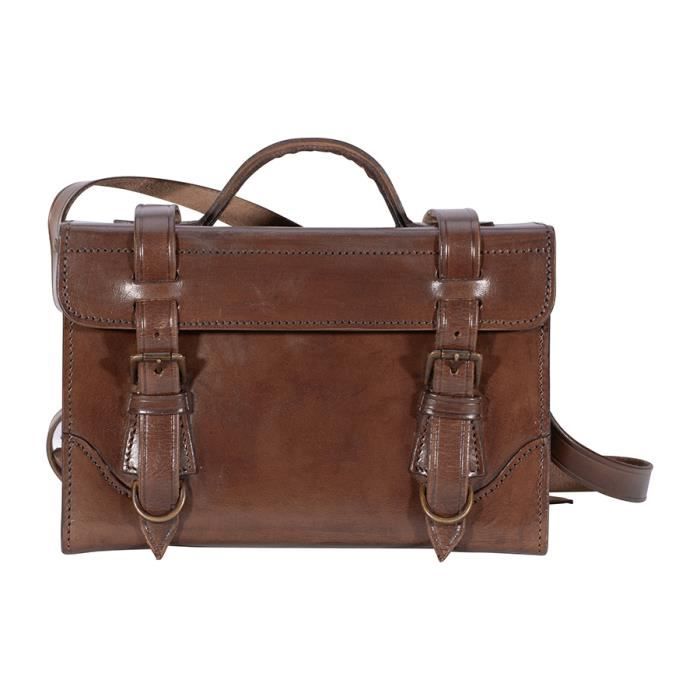 SAC SACOCHE MUSETTE RIGIDE EN CUIR MARRON 31 X 22 X 18 CM AVEC
