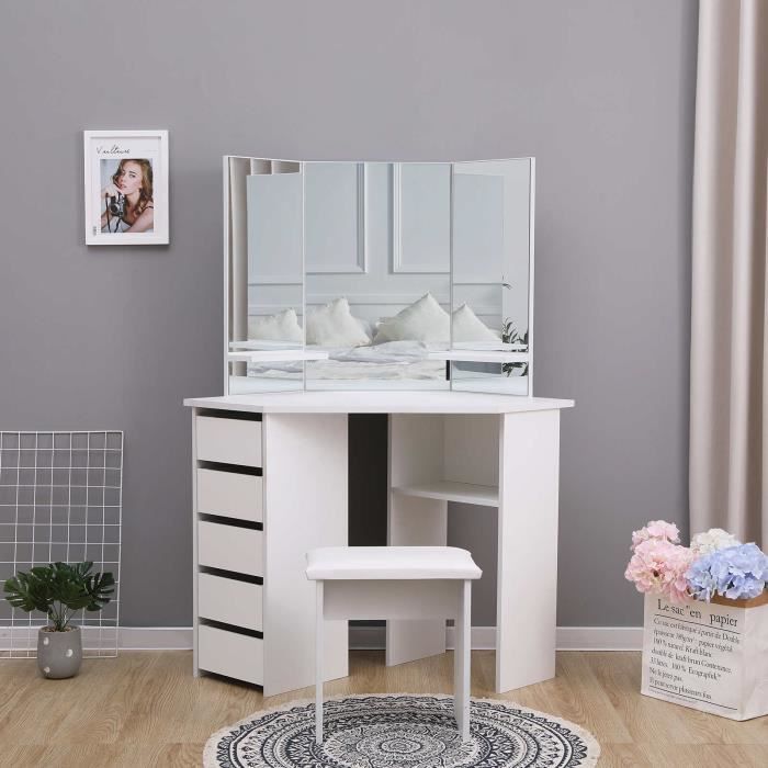 TecTake Coiffeuse Table de Maquillage Meuble Blanc avec Miroir et 5 Tiroirs 1 Tabouret 
