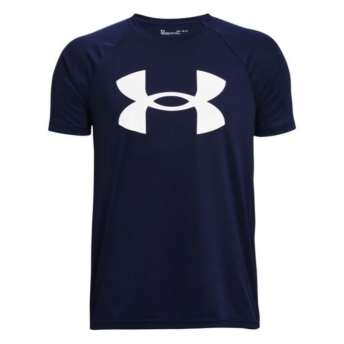 Under Armour Boys' Standard Tech Big Logo Short Sleeve T-Shirt, (410) Midnight Navy - - White, Youth Medium