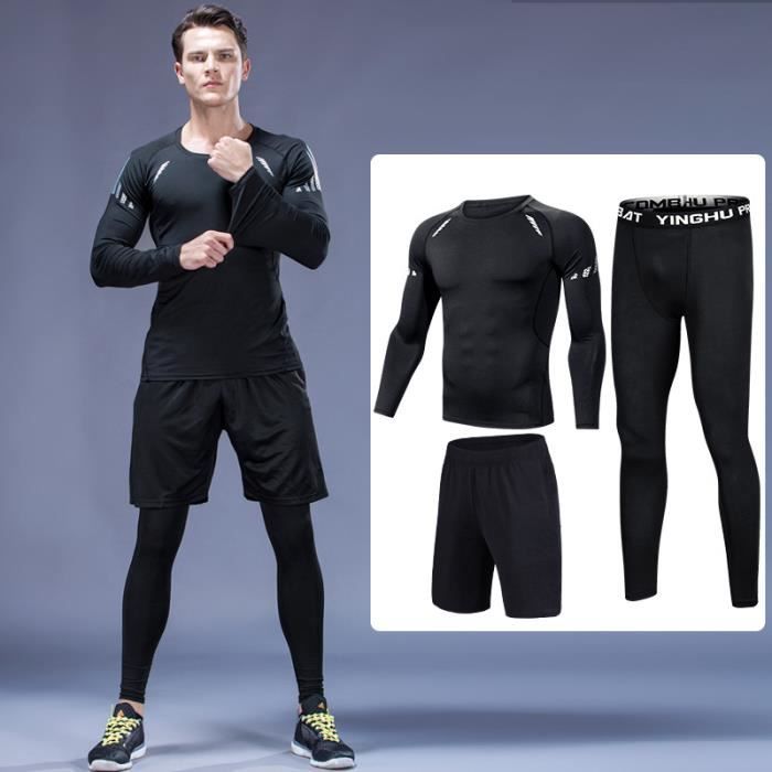 Ensemble tenue de compression hommes 3 pcs Maillot manches longues+Collant  Running+Short Sport Dry Fitness Legging Séchage Rapide