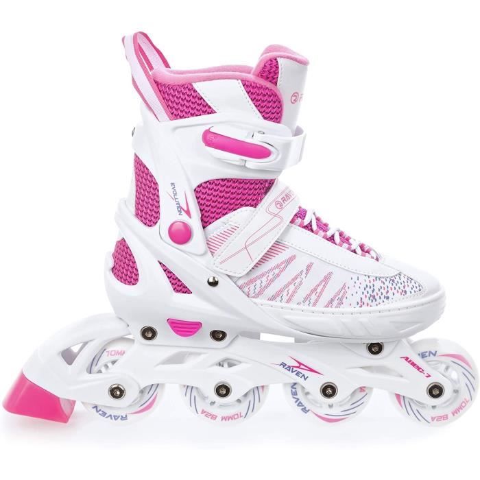 Roller En Ligne RAVEN Grace Taille 35-39, Blanc/rose, Ajustable, Roues LED 70 Mm, ABEC 7, Patin Transformable 4 En 1