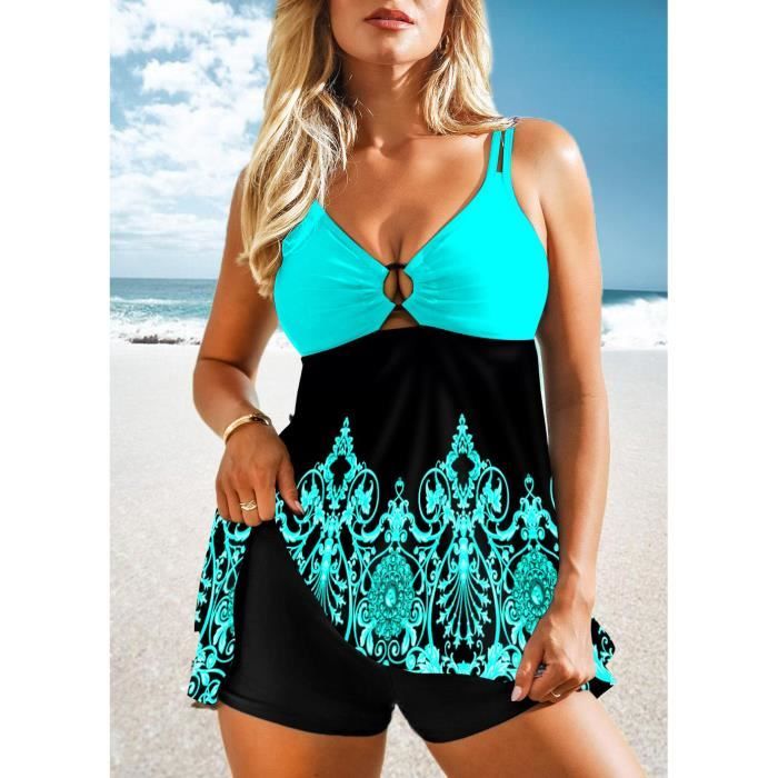 CIZEUR Tankini Femme 2 Pièces Push Up Imprimé Floral Avec Jupe - Maillot De Bain Élégant Bretelles Réglables
