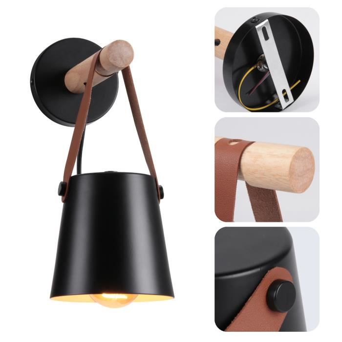 SNO Applique Murale Moderne Noir - Lampe de Mural en Fer Forgé Bois et Belt - E27 Luminaire Eclairage Suspension pour Salon Chambre
