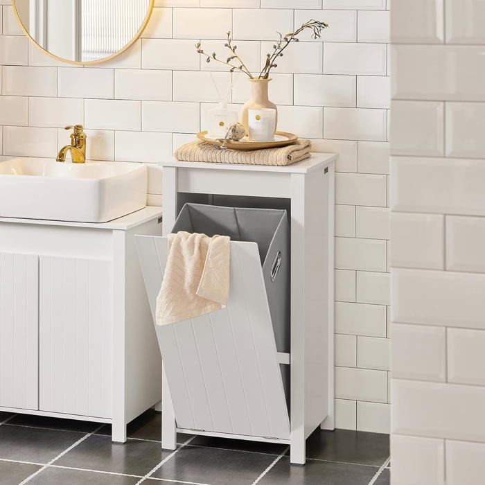 SoBuy Meuble Bas Salle De Bain BZR73-W – Corbeille à Linge 2 En 1 Avec Tiroir Et Panier Textile, Blanc, 37x37x90 Cm – Rangement Malin Et Élégant