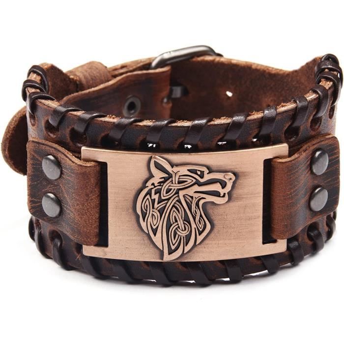 Bracelet Viking En Cuir Tressé - Motif Rune Boussole Et Tête De Loup, Réglable, Style Nordique Vintage Pour Hommes Et Femmes
