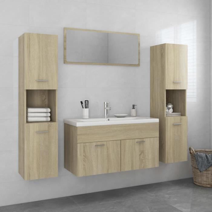 meuble de salle de bain - truvito - simple vasque - l 90cm - chêne sonoma - armoire haute