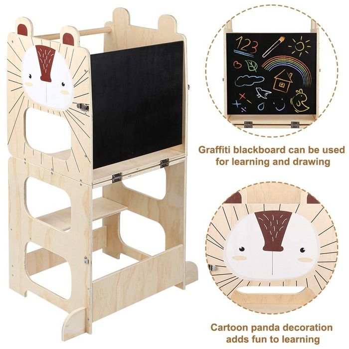 Tour D'Apprentissage Montessori Pliable 5 En 1 - Tour D'Observation En Bois Avec Planche à Dessin, Jeux, Adaptée 1 à 6 Ans - Sécurité Renforcée, Max 95 Kg