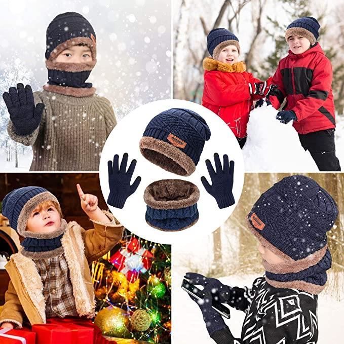 Ensemble bonnet, écharpe, gants pour enfants, Noël en tricot doublé en  peluche pour l'hiver – Tenue par temps froid pour le ski, la course à pied