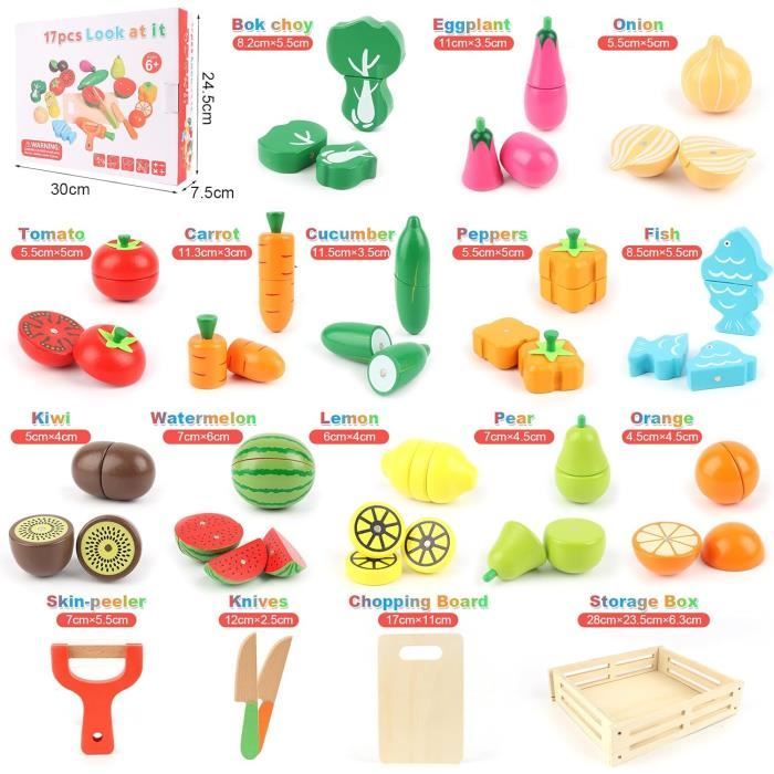 AQXONG 14 Pièces Jouets De Cuisine En Bois Fruits - Ensemble Éducatif Pour Enfants Dès 3 Ans