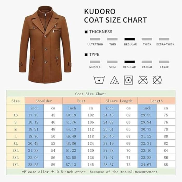 KUDORO Manteau Homme Chaud Mi-Long Hiver En Laine - Doublure Coton Et Poches Pratiques