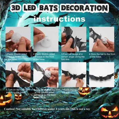 Décoration Halloween Chauves-souris 3D Avec LED - 36 Pièces PVC Adhésives - Pour Portes, Fenêtres, Murs - Ambiance Effrayante