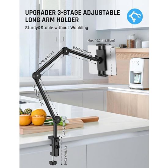 Support Tablette Pour Lit - Bras Articulé Réglable 360°, Compatible 4,7–13 Pouces | Fixation Sur Tête De Lit, Bureau, Canapé - 6