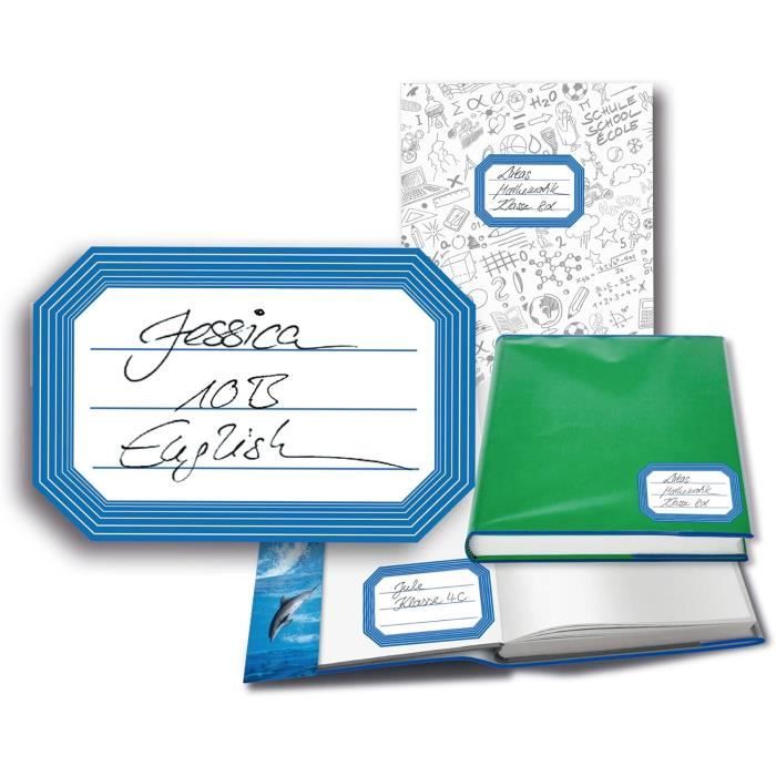 Étiquettes Scolaires Lignées TopStick - 15 Autocollants Papier Mat (7,6x3,5 Cm) - Cadre Bleu Pour Cahiers Et Livres