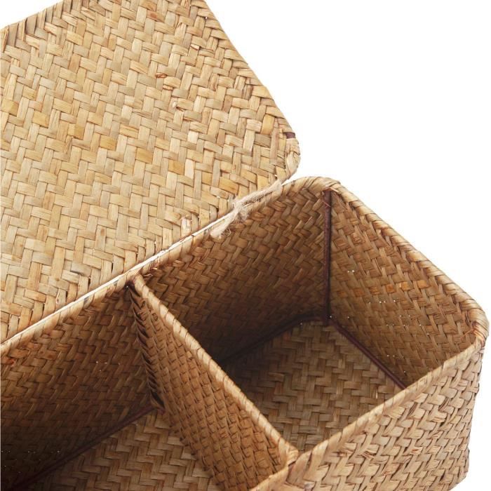 Lot De 2 Paniers Rectangulaires En Jonc De Mer Avec Couvercle - Rangement Naturel Pour Maison - Décoration Style Nordique - 3