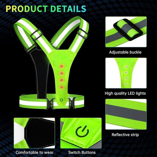 Darryy Gilet LED Réfléchissant Vélo – Clignotant + Lumière Constante, Enfant & Adulte, Haute Visibilité