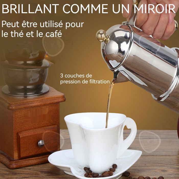 Cafetière Moka 4 Tasses En Inox - Poignée Anti-brûlure, Portable, Pour Cuisinière à Gaz/électrique - 12