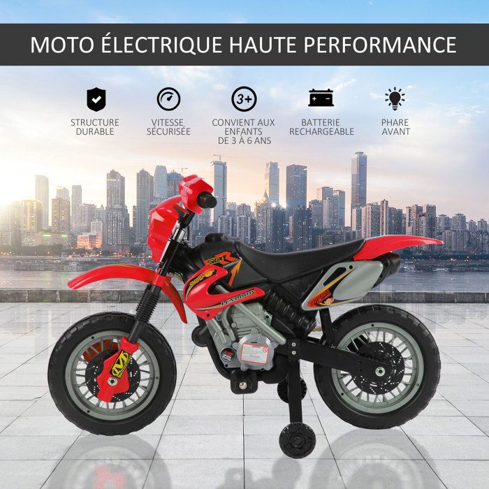 Moto électrique HOMCOM – 24V – 350 W – 2 Vitesses 8/16 Km/h – 8-12 Ans – Rouge – Batterie 12V – Effets Sonores