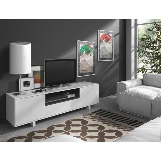 AURA Meuble TV contemporain en bois blanc brillant - L 155 cm ...