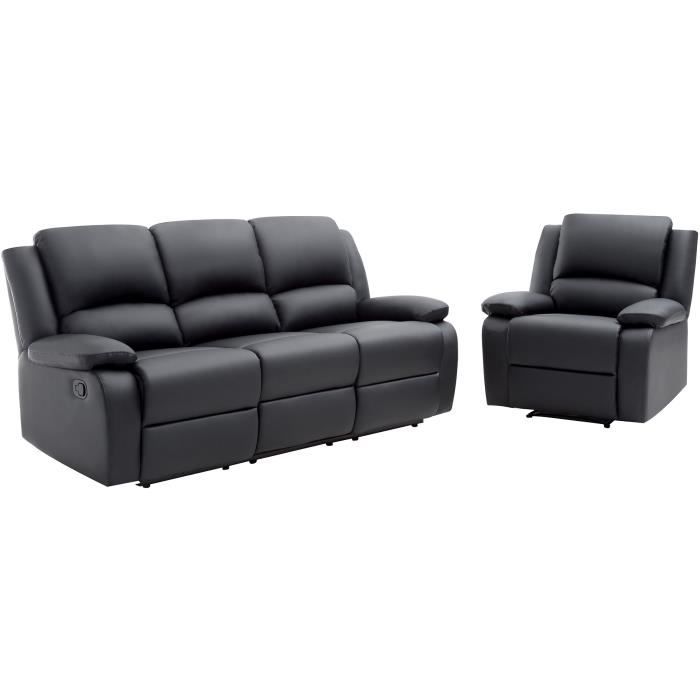 relax ensemble de canape relax 3 places fauteuil simili noir cdiscount maison
