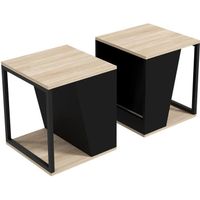 Lot de 2 tables basses bouts de canapé guéridons design acier noir panneaux noir aspect chêne clair