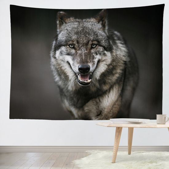 Tapisserie Murale Loup 230x210 Cm - Tissu Polyester - Décoration Chambre Salon - Motif Meute De Loups